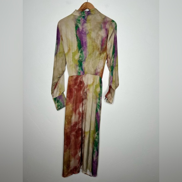 NWT Anthropologie Multicolor Midi Long Sleeve Tie Front Shirt Dress Size Large - Picture 3 of 15